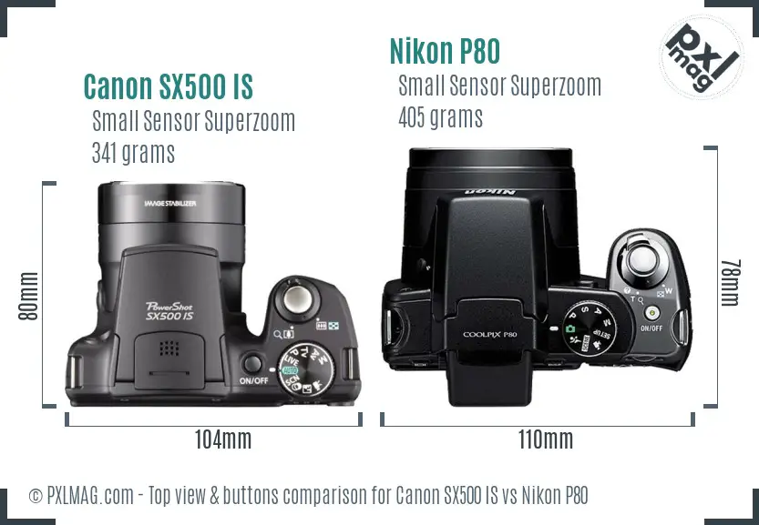 Canon SX500 IS vs Nikon P80 top view buttons comparison