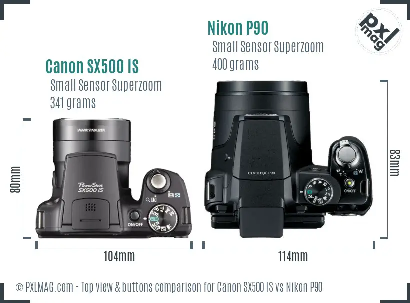 Canon SX500 IS vs Nikon P90 top view buttons comparison