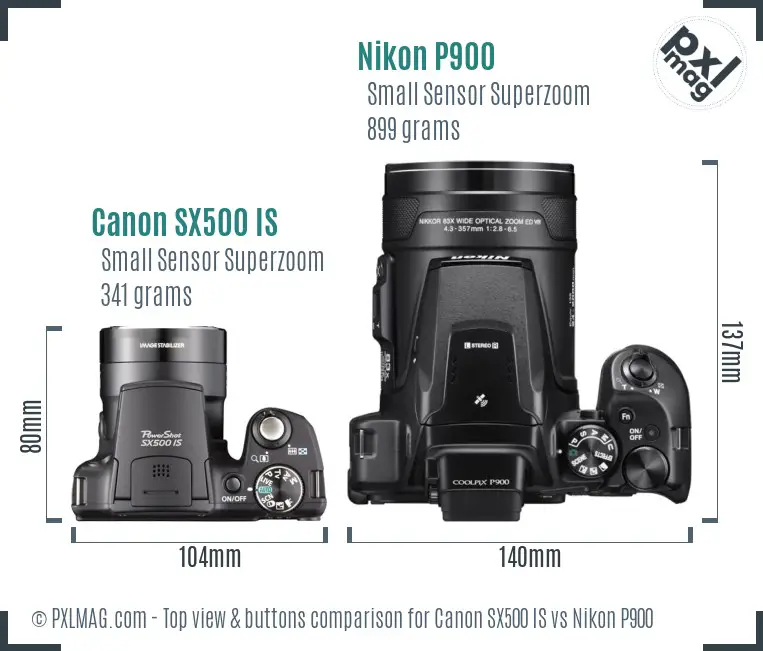 Canon SX500 IS vs Nikon P900 top view buttons comparison