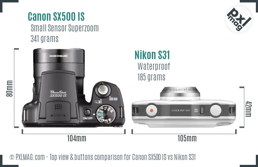 Canon SX500 IS vs Nikon S31 top view buttons comparison Canon SX500 IS vs Nikon S31 top view buttons comparison