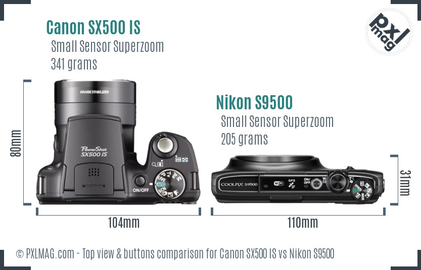 Canon SX500 IS vs Nikon S9500 top view buttons comparison