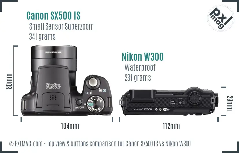 Canon SX500 IS vs Nikon W300 top view buttons comparison