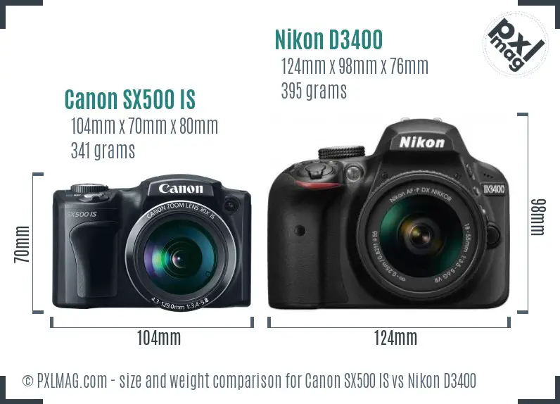 Canon SX500 IS vs Nikon D3400 size comparison