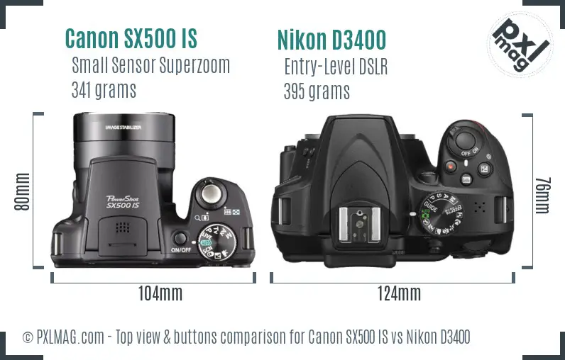 Canon SX500 IS vs Nikon D3400 top view buttons comparison