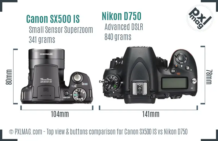 Canon SX500 IS vs Nikon D750 top view buttons comparison