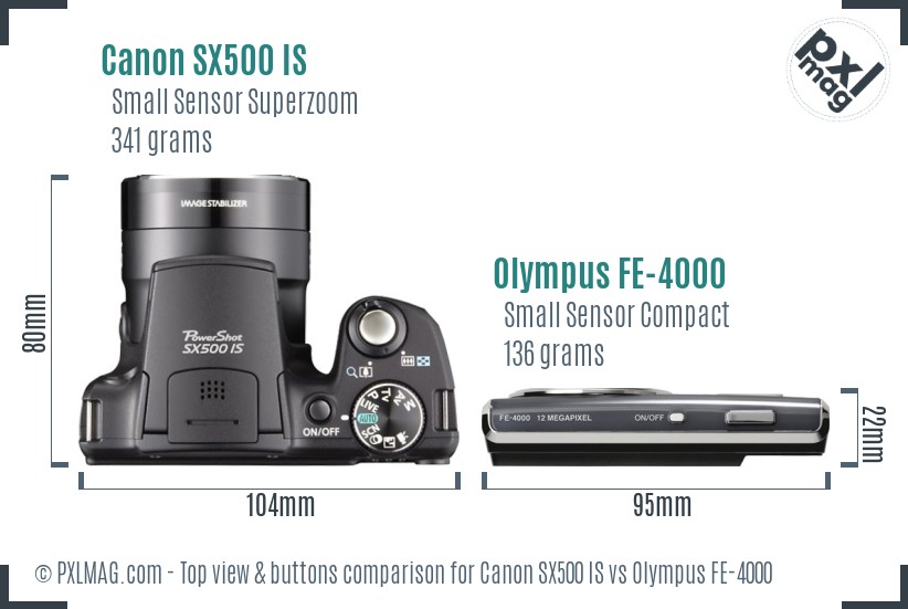 Canon SX500 IS vs Olympus FE-4000 top view buttons comparison
