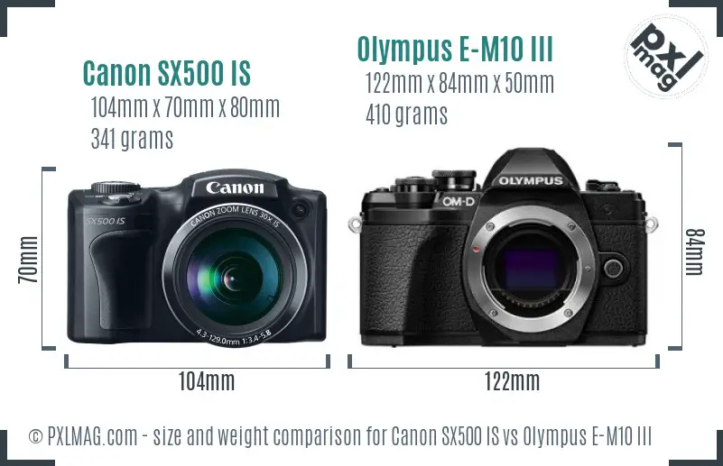 Canon SX500 IS vs Olympus E-M10 III size comparison