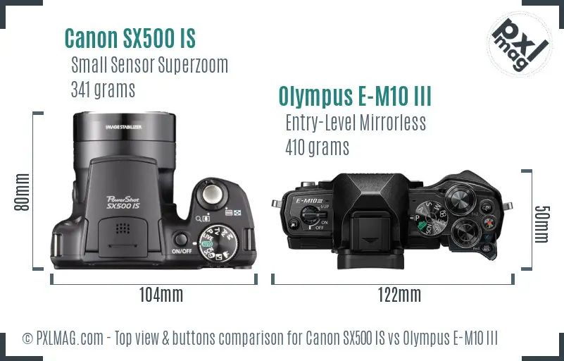 Canon SX500 IS vs Olympus E-M10 III top view buttons comparison
