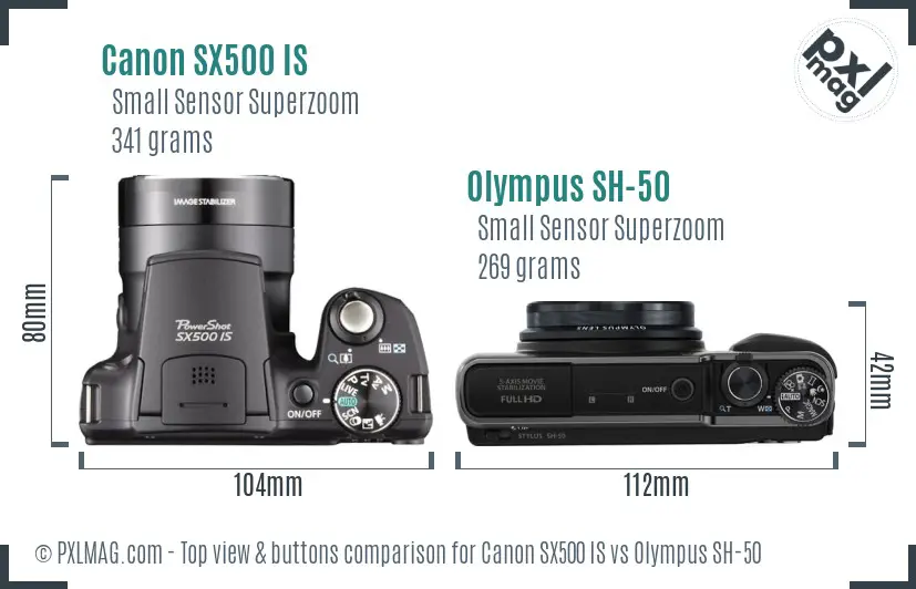 Canon SX500 IS vs Olympus SH-50 top view buttons comparison Canon SX500 IS vs Olympus SH-50 top view buttons comparison