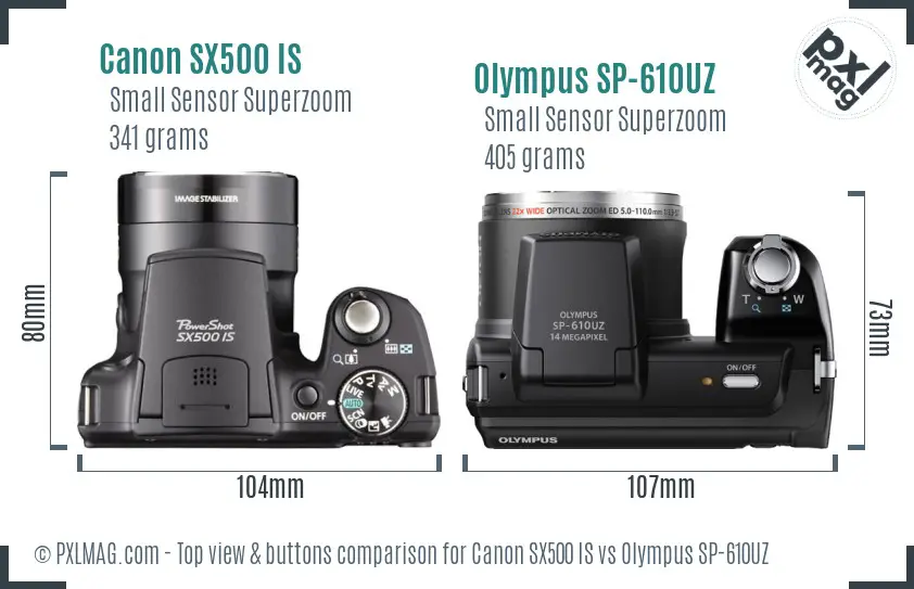 Canon SX500 IS vs Olympus SP-610UZ top view buttons comparison Canon SX500 IS vs Olympus SP-610UZ top view buttons comparison