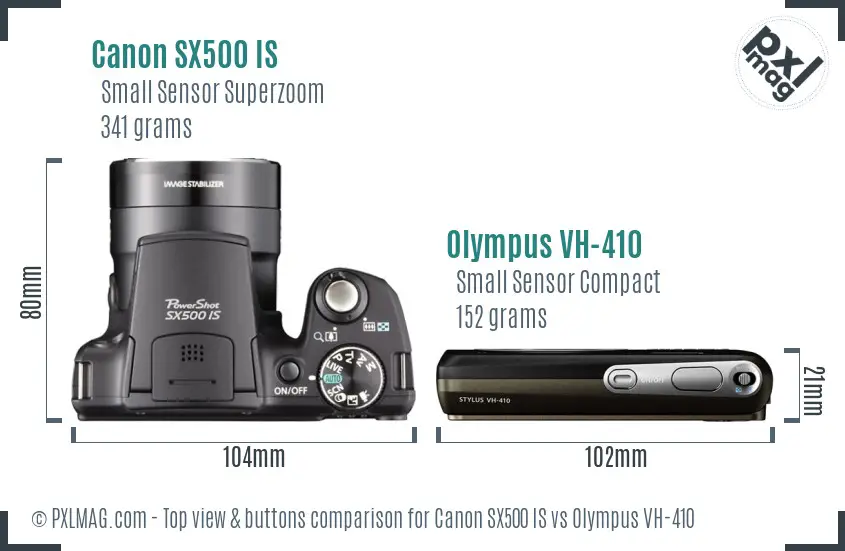 Canon SX500 IS vs Olympus VH-410 top view buttons comparison Canon SX500 IS vs Olympus VH-410 top view buttons comparison