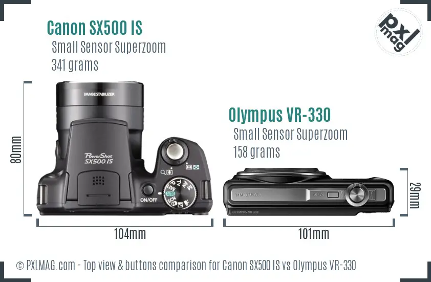 Canon SX500 IS vs Olympus VR-330 top view buttons comparison Canon SX500 IS vs Olympus VR-330 top view buttons comparison