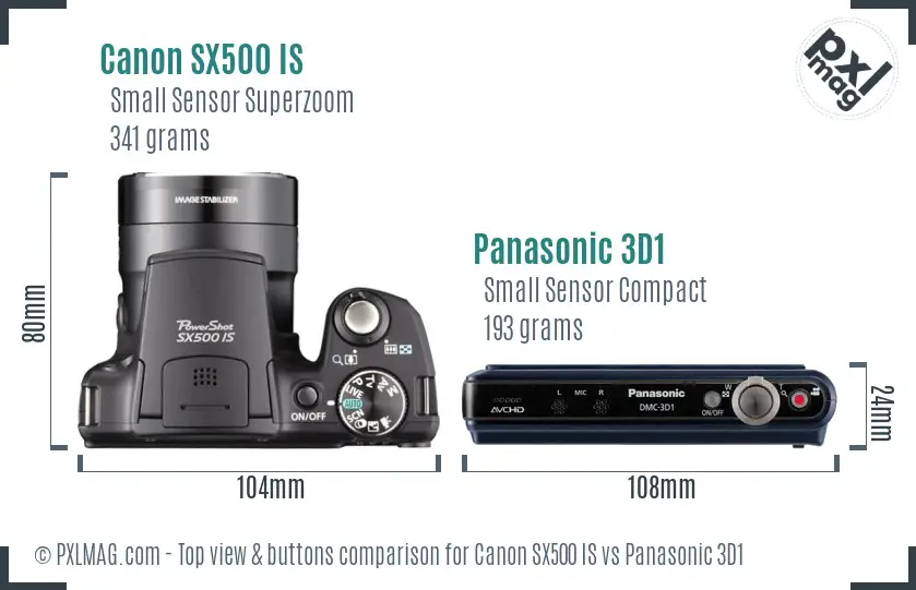 Canon SX500 IS vs Panasonic 3D1 top view buttons comparison