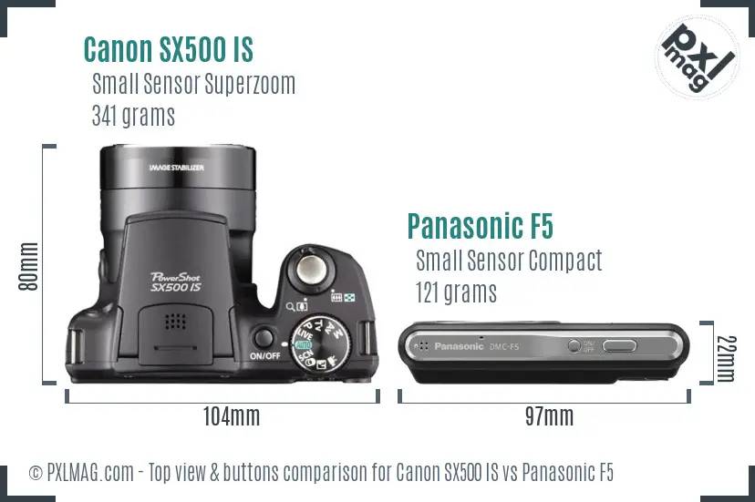 Canon SX500 IS vs Panasonic F5 top view buttons comparison
