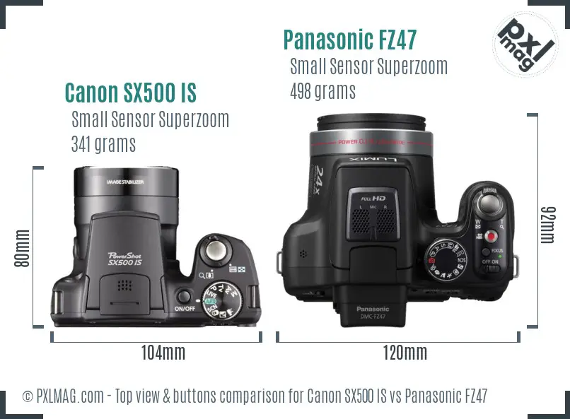 Canon SX500 IS vs Panasonic FZ47 top view buttons comparison Canon SX500 IS vs Panasonic FZ47 top view buttons comparison