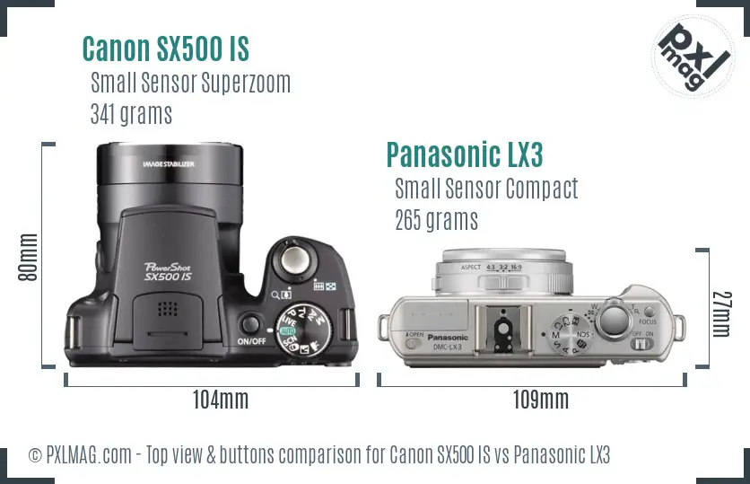 Canon SX500 IS vs Panasonic LX3 top view buttons comparison