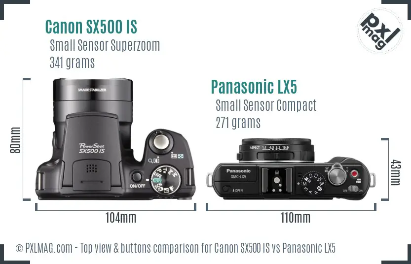 Canon SX500 IS vs Panasonic LX5 top view buttons comparison