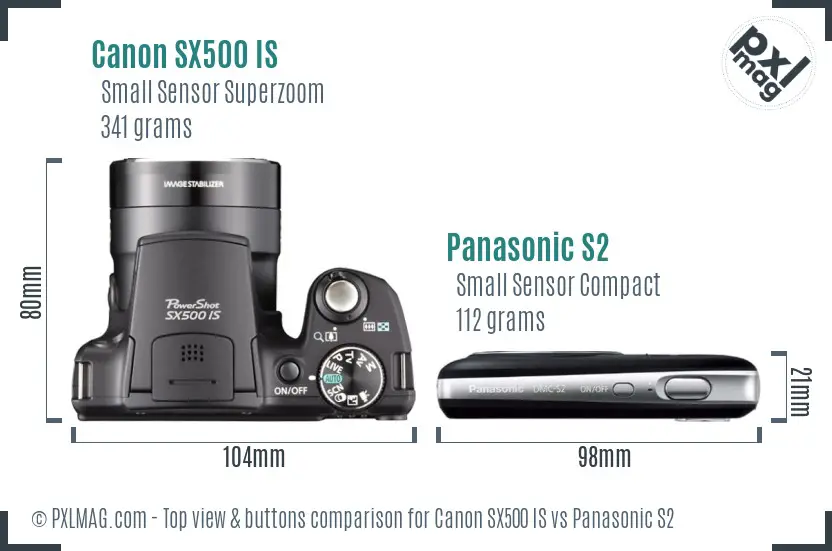 Canon SX500 IS vs Panasonic S2 top view buttons comparison Canon SX500 IS vs Panasonic S2 top view buttons comparison