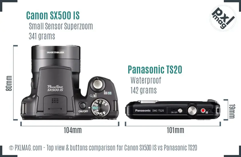 Canon SX500 IS vs Panasonic TS20 top view buttons comparison