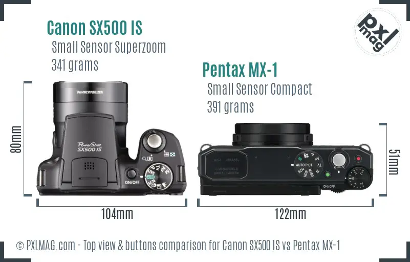 Canon SX500 IS vs Pentax MX-1 top view buttons comparison