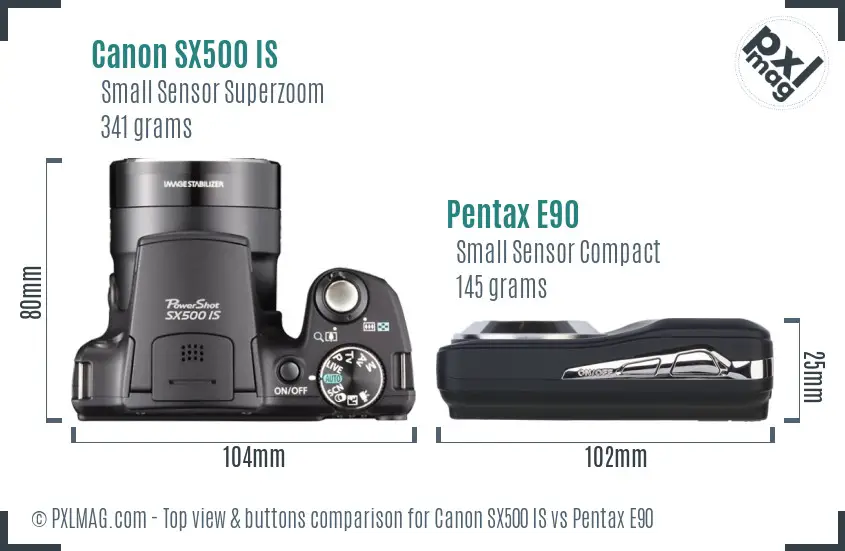 Canon SX500 IS vs Pentax E90 top view buttons comparison