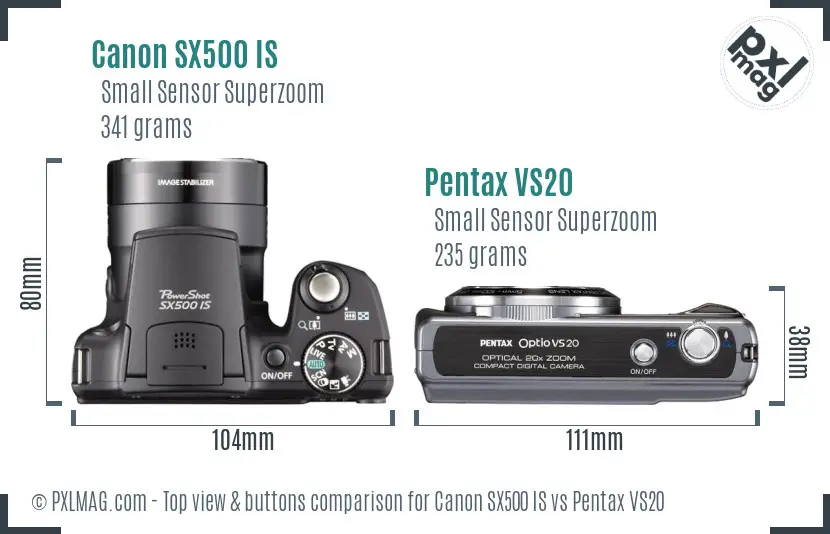 Canon SX500 IS vs Pentax VS20 top view buttons comparison
