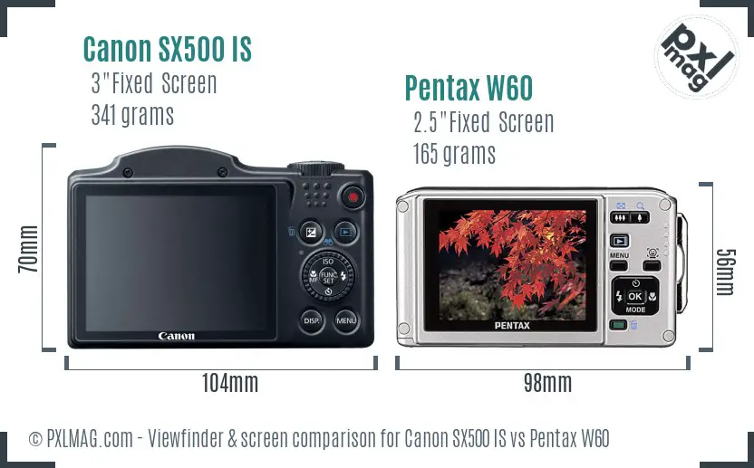 Canon SX500 IS vs Pentax W60 Screen and Viewfinder comparison