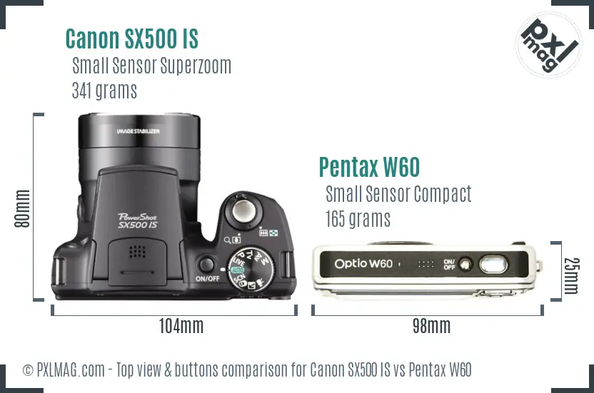Canon SX500 IS vs Pentax W60 top view buttons comparison