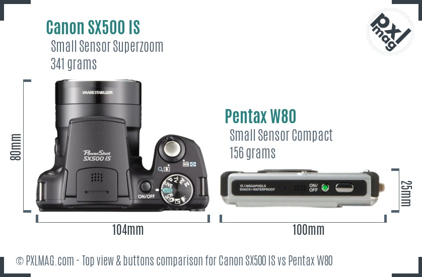 Canon SX500 IS vs Pentax W80 top view buttons comparison