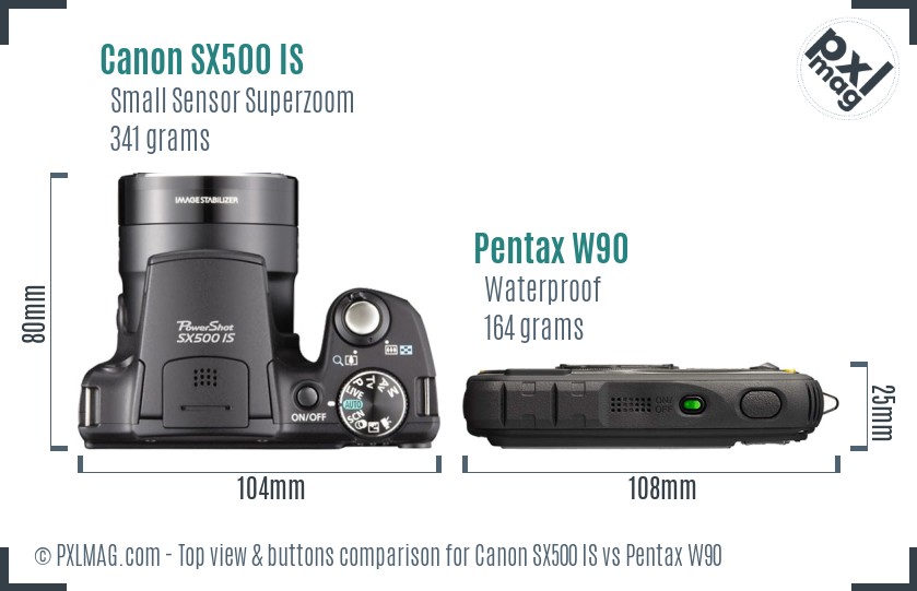 Canon SX500 IS vs Pentax W90 top view buttons comparison