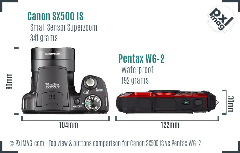 Canon SX500 IS vs Pentax WG-2 top view buttons comparison