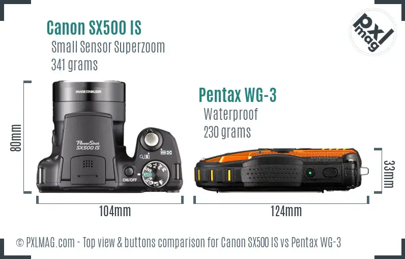 Canon SX500 IS vs Pentax WG-3 top view buttons comparison
