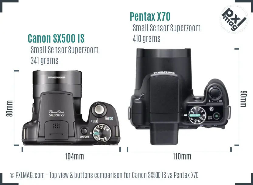 Canon SX500 IS vs Pentax X70 top view buttons comparison