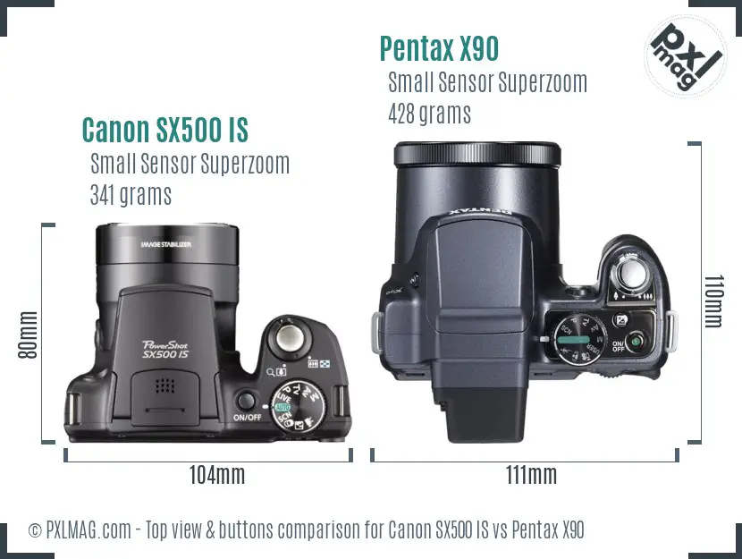 Canon SX500 IS vs Pentax X90 top view buttons comparison Canon SX500 IS vs Pentax X90 top view buttons comparison