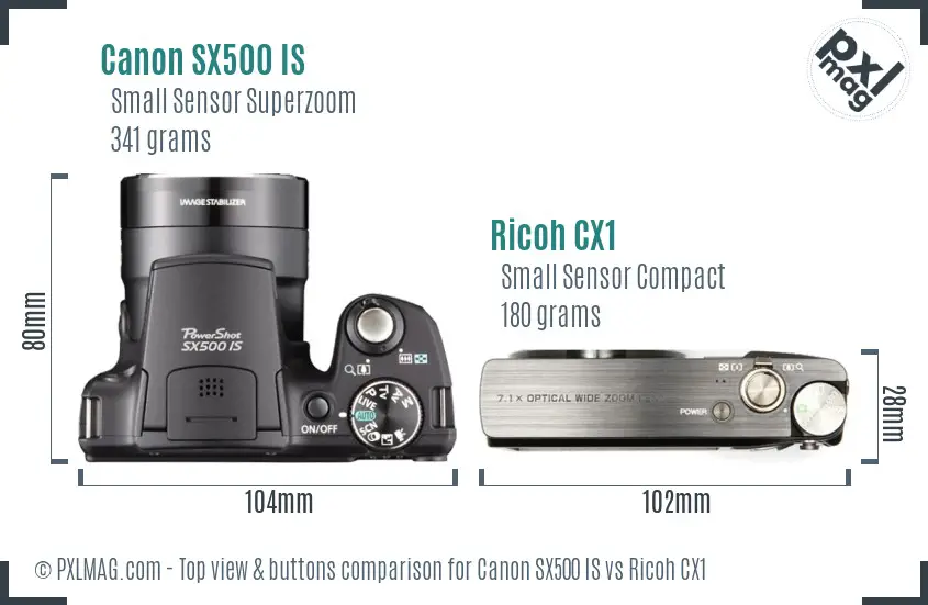 Canon SX500 IS vs Ricoh CX1 top view buttons comparison