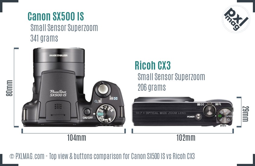 Canon SX500 IS vs Ricoh CX3 top view buttons comparison