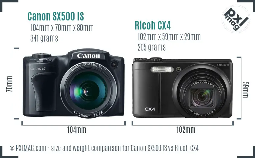 Canon SX500 IS vs Ricoh CX4 size comparison
