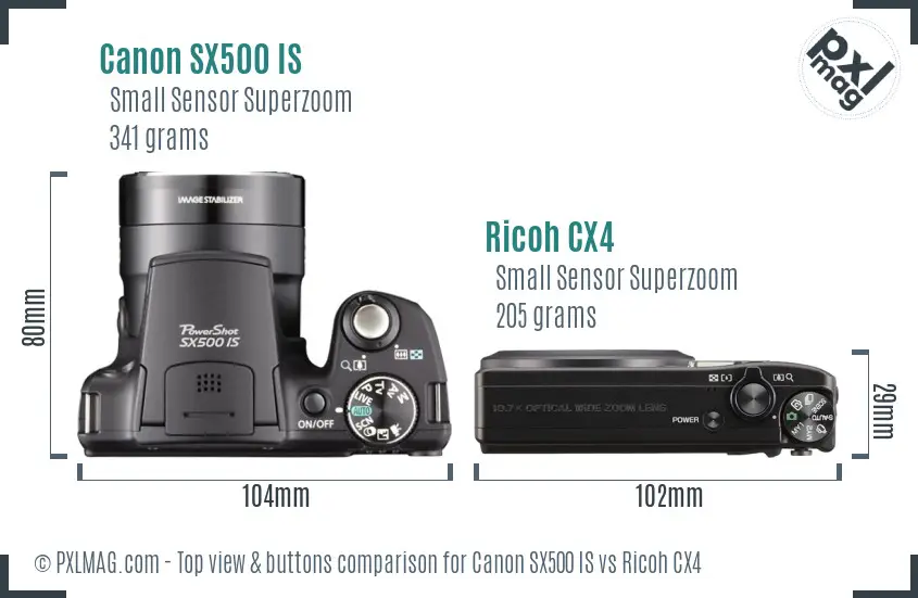 Canon SX500 IS vs Ricoh CX4 top view buttons comparison