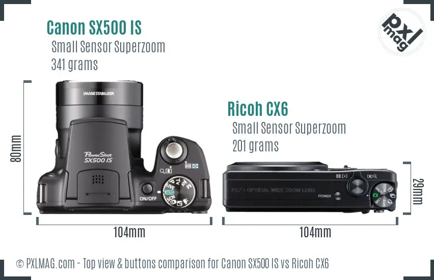 Canon SX500 IS vs Ricoh CX6 top view buttons comparison