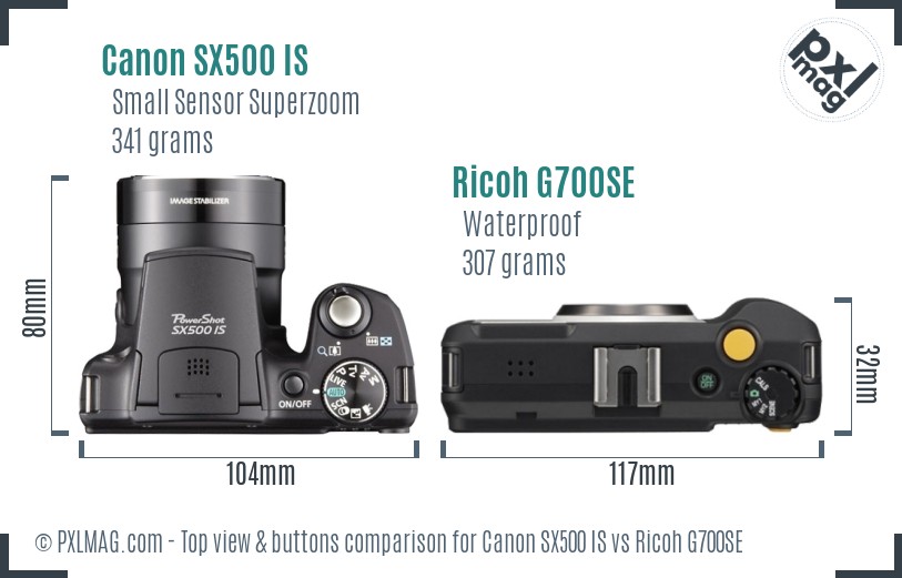 Canon SX500 IS vs Ricoh G700SE top view buttons comparison