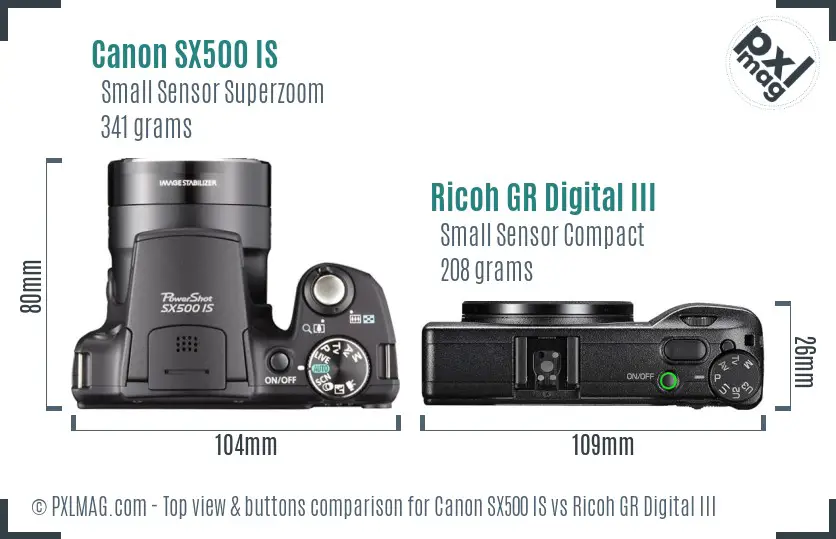 Canon SX500 IS vs Ricoh GR Digital III top view buttons comparison