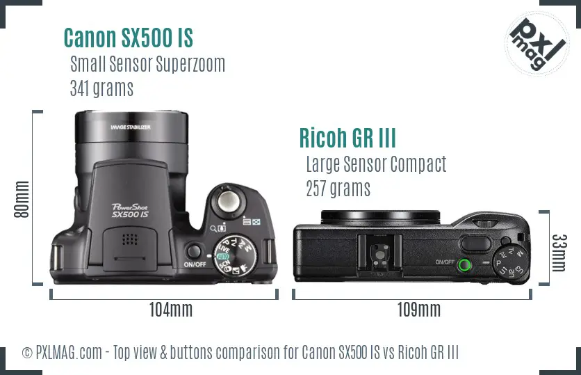 Canon SX500 IS vs Ricoh GR III top view buttons comparison