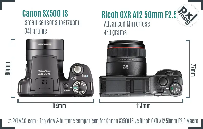 Canon SX500 IS vs Ricoh GXR A12 50mm F2.5 Macro top view buttons comparison Canon SX500 IS vs Ricoh GXR A12 50mm F2.5 Macro top view buttons comparison