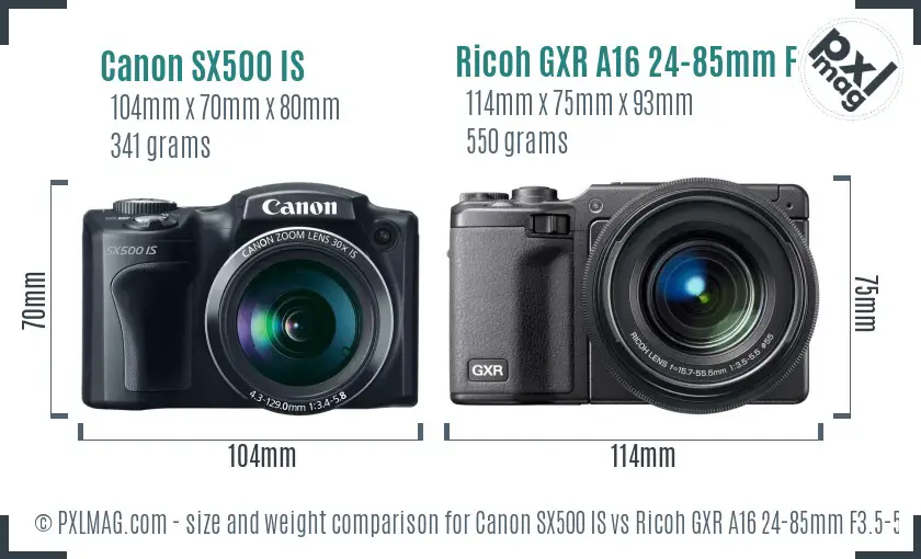Canon SX500 IS vs Ricoh GXR A16 24-85mm F3.5-5.5 size comparison Canon SX500 IS vs Ricoh GXR A16 24-85mm F3.5-5.5 size comparison