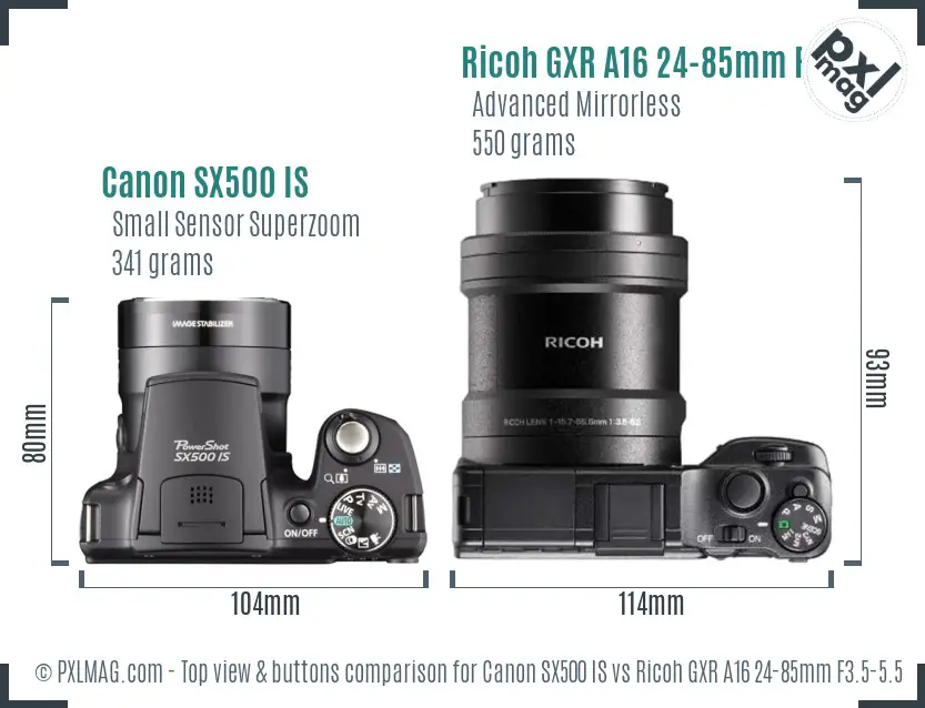 Canon SX500 IS vs Ricoh GXR A16 24-85mm F3.5-5.5 top view buttons comparison Canon SX500 IS vs Ricoh GXR A16 24-85mm F3.5-5.5 top view buttons comparison