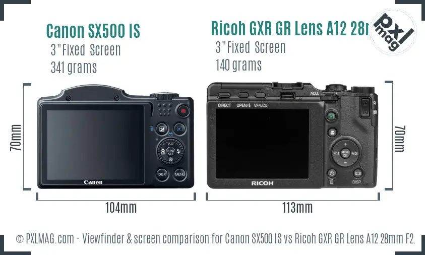 Canon SX500 IS vs Ricoh GXR GR Lens A12 28mm F2.5 Screen and Viewfinder comparison