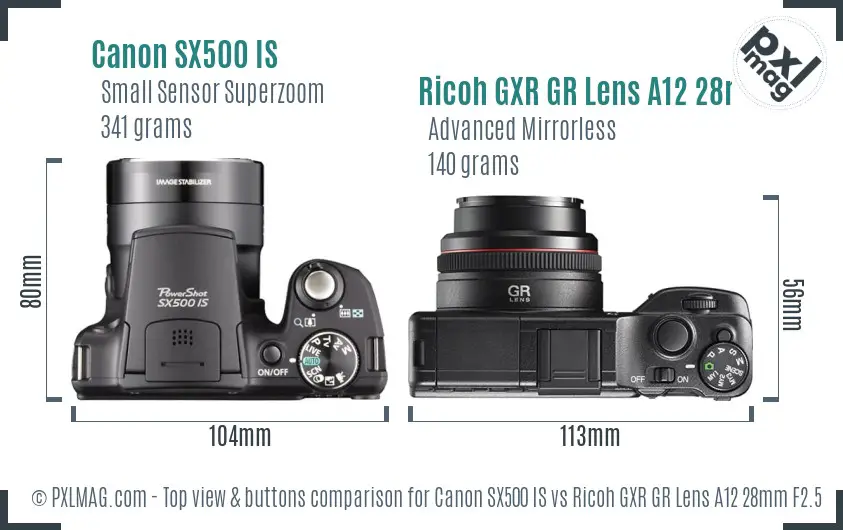 Canon SX500 IS vs Ricoh GXR GR Lens A12 28mm F2.5 top view buttons comparison