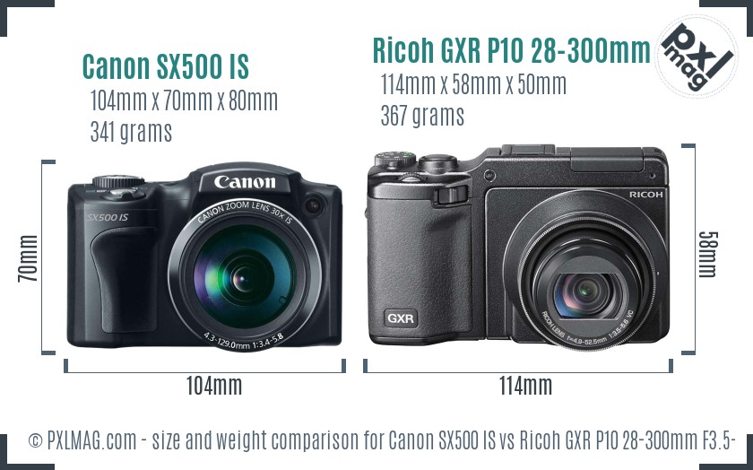 Canon SX500 IS vs Ricoh GXR P10 28-300mm F3.5-5.6 VC size comparison Canon SX500 IS vs Ricoh GXR P10 28-300mm F3.5-5.6 VC size comparison