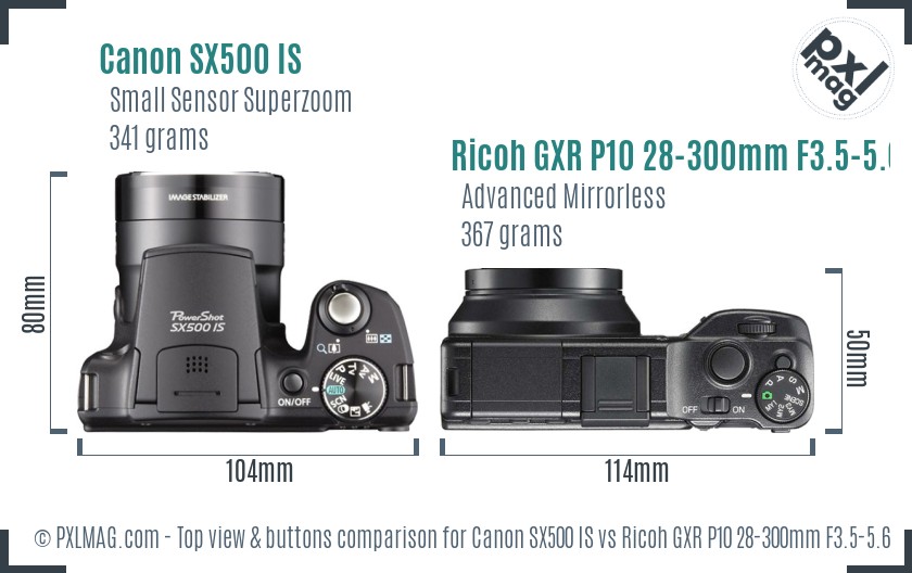 Canon SX500 IS vs Ricoh GXR P10 28-300mm F3.5-5.6 VC top view buttons comparison