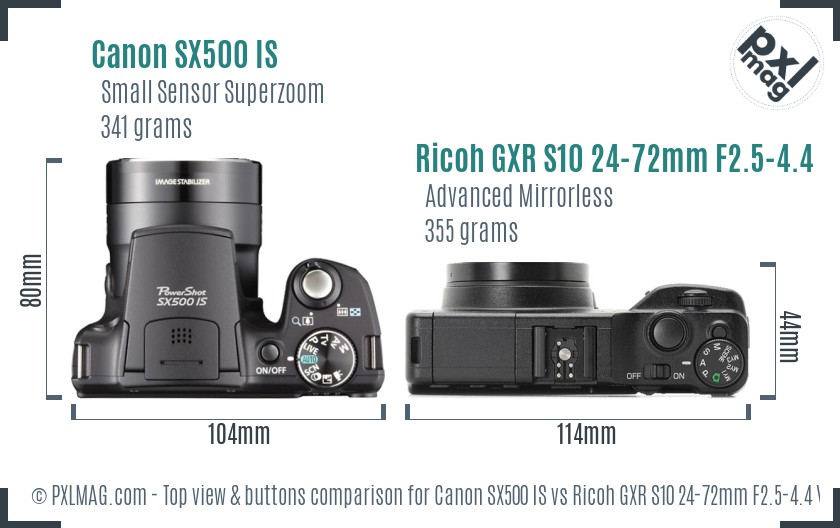 Canon SX500 IS vs Ricoh GXR S10 24-72mm F2.5-4.4 VC top view buttons comparison